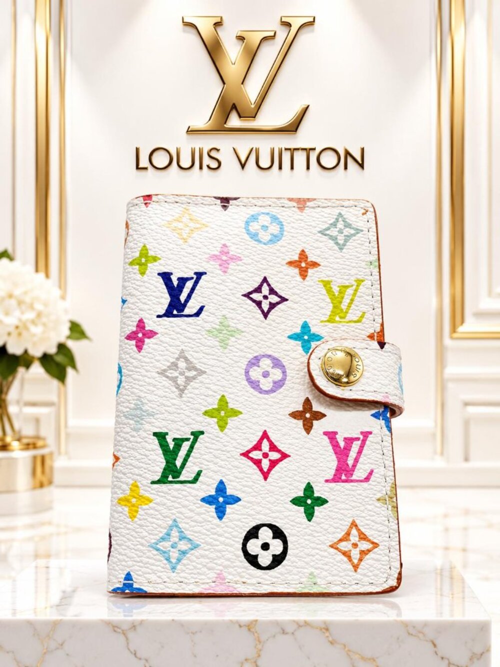 Authentic Louis Vuitton Multicolor Monogram Agenda PM White Planner Cover